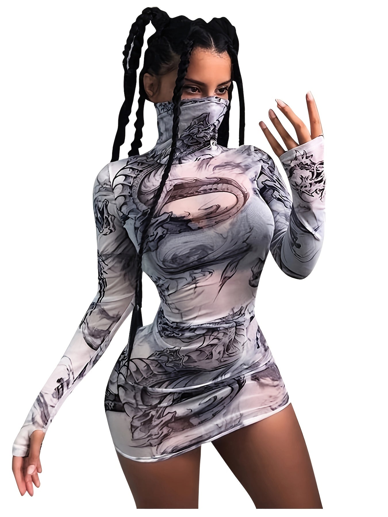 Y2K-Inspired High Neck Bodycon Dress for Women - Semi-Sheer, Abstract Print, Long Sleeve, Polyester Mini with Thigh-High Slit - Machine Washable